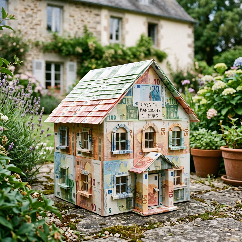 Miniature house model covered in Euro banknotes placed on garden stone path